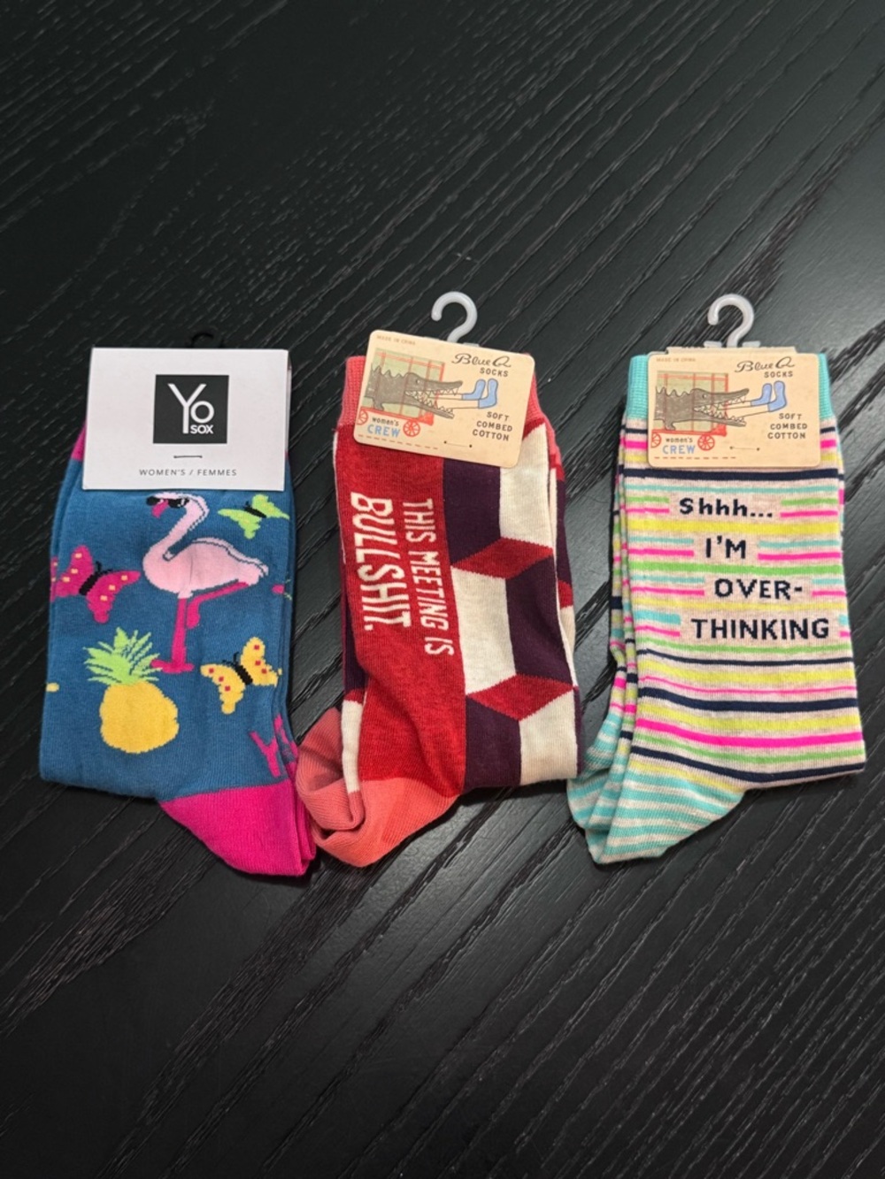 New socks (3) Womens crew - flamingo, work funny stripes NWT